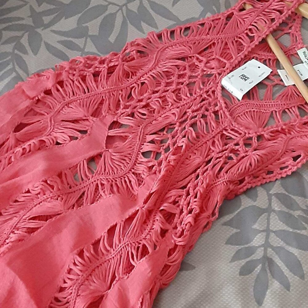 Trendy Coral  Crochet Detail Tunic-  Cotton Blend - S - NEW